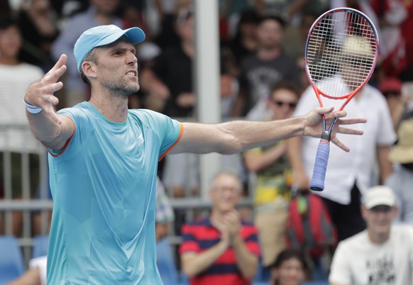 epa07284887 Ivo Karlovic of Croatia celebrates winning his round one men&#039;s singles match against Hubert Hurkacz of Poland on day two of the Australian Open Grand Slam tennis tournament in Melbour ...