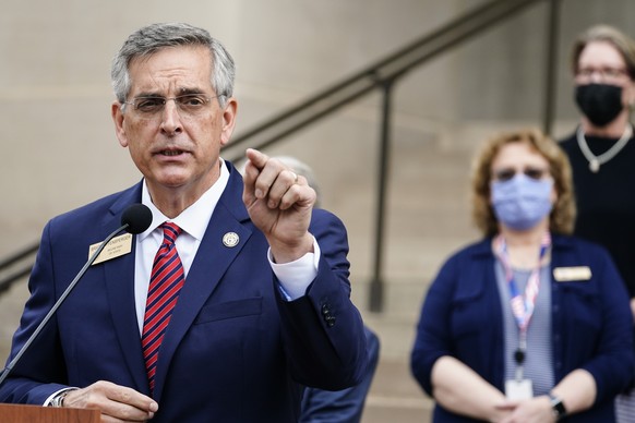 Georgia Secretary of State Brad Raffensperger speaks during a news conference on Wednesday, Nov. 11, 2020, in Atlanta. Georgia election officials have announced an audit of presidential election resul ...