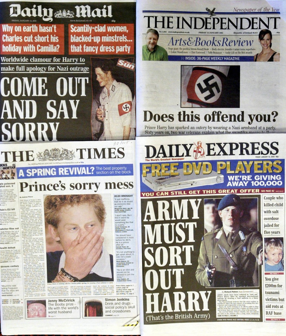 A montage of British national newspapers Friday Jan. 14, 2005 displaying reaction to Britain's Prince Harry wearing a swastika armband to a private party. Prince Harry, who provoked outrage by we ...