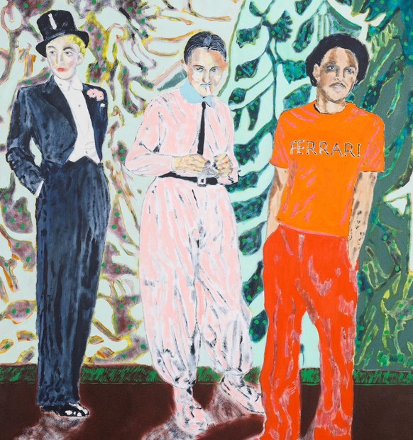 Das Gemälde «Mind Over Matter is Magic» (2021) kombiniert ein Bild von Marlene Dietrich mit Helene Abelen und Johns Freund Kris (im Ferrari-Shirt).