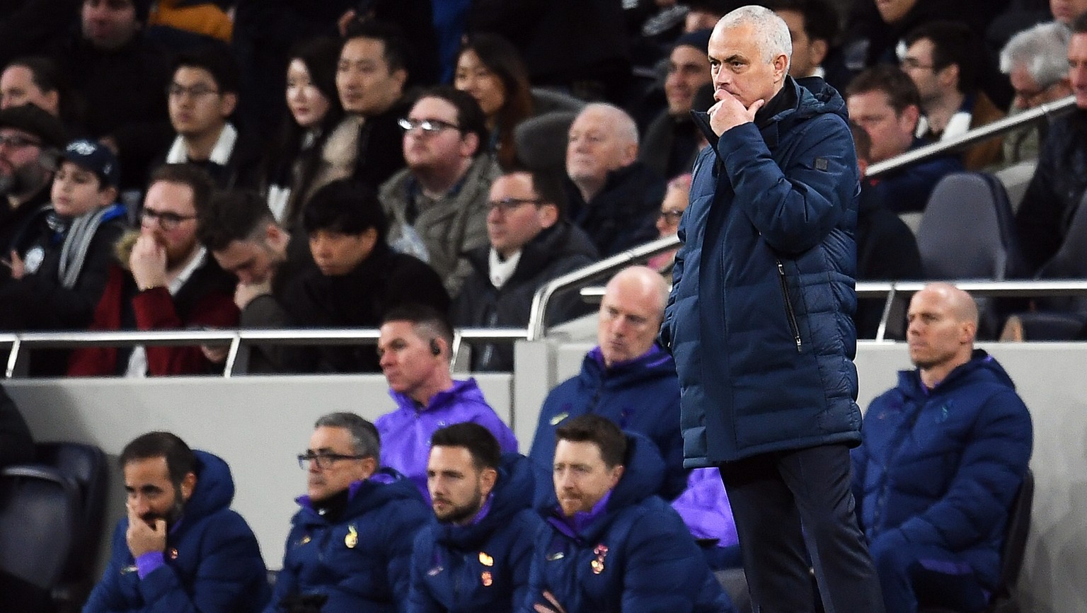 epa08229266 Tottenham manager Jose Mourinho reacts during the UEFA Champions League round of 16, first leg soccer match between Tottenham Hotspur and RB Leipzig in London, Britain, 19 February 2020. E ...