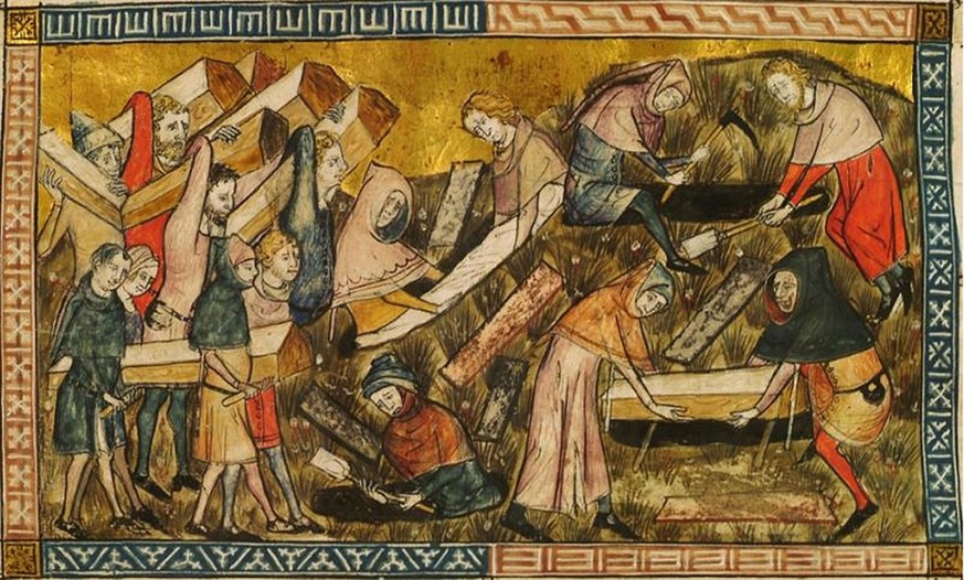 Begräbnis von Opfern der Beulenpest in Tournai. Miniatur aus den Chroniken des Abtes Gilles Li Muisis (1272–1352).