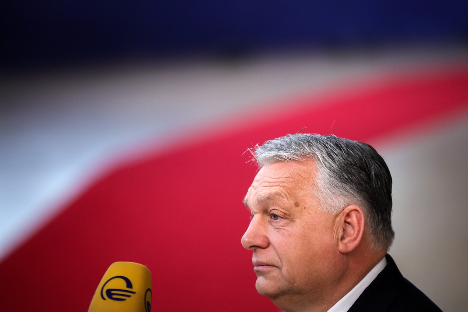 epa11028756 Hungary&#039;s Prime Minister Viktor Orban speaks to the media as he arrives for a European Council in Brussels, Belgium, 14 December 2023. EU leaders are gathering in Brussels for a two-d ...