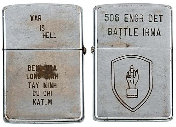 Vietnam War Zippo Lighters 

https://flashbak.com/heartfelt-messages-on-zippo-lighters-of-the-vietnam-war-1965-1973-42936/
