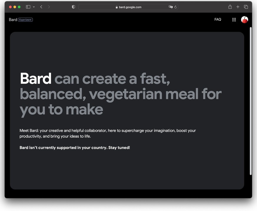 Screenshot from bard.google.com showing that Google's AI chatbot is not yet available in Switzerland.  (May 11, 2023)