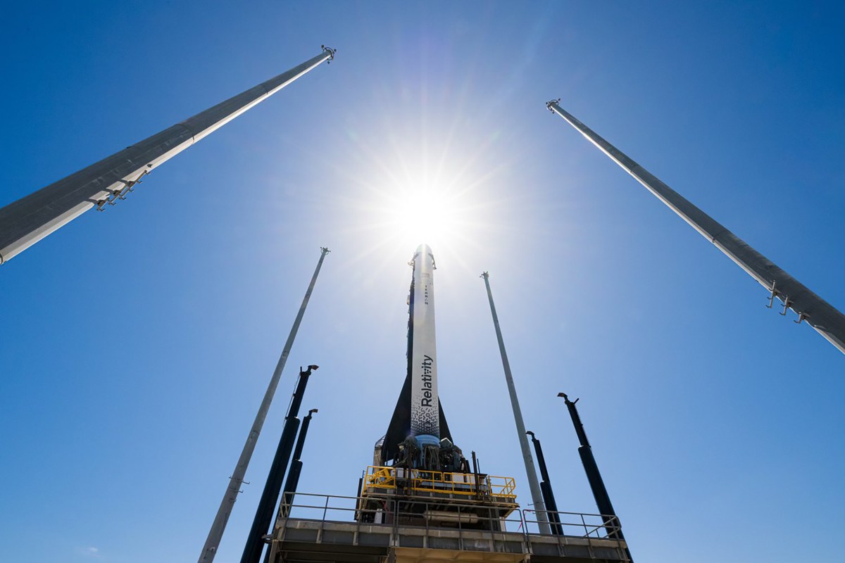 In this photo provided by Relativity Space, the company's Terran 1 rocket sits on a launch pad in Cape Canaveral, Fla., on Wednesday, March 22, 2023. About 85% of the structural mass of the rocke ...