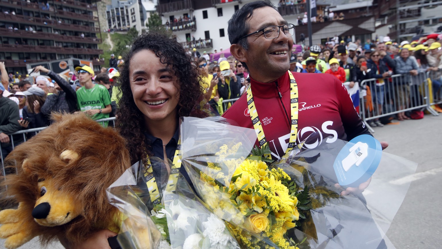 Girlfriend of Colombia&#039;s Egan Bernal, Xiomy Guerrero, and his father German Bernal celebrate Bernal&#039;s overall leader&#039;s yellow jersey after the nineteenth stage of the Tour de France cyc ...