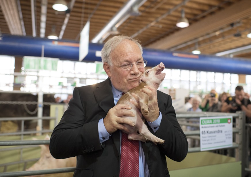 Bundesrat Johann Schneider-Ammann haelt ein Saeuli auf dem Arm an der offiziellen Eroeffnung der 76. OLMA Schweizer Messe fuer Landwirtschaft und Ernaehrung, am Donnerstag, 11. Oktober 2018, in St. Ga ...