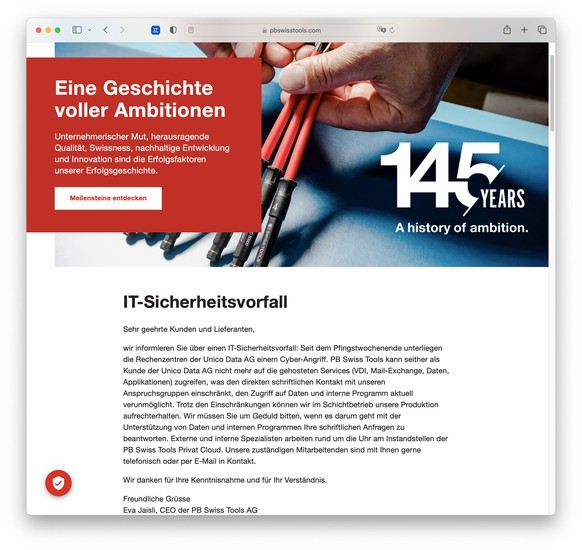 Hinweis auf der Website der Firma PB Swiss Tools zu einem IT-Sicherheitsvorfall. (2. Juni 2023). Die Ransomware-Bande Play hat den IT-Dienstleister des Werkzeugherstellers attackiert und dessen Infras ...