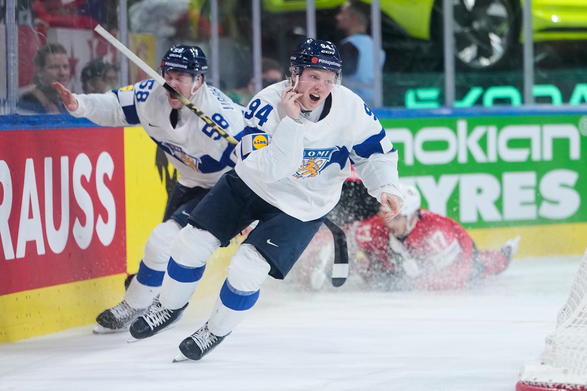 Finland's Konsta Helenius celebrates after scoring his side's opening goal during the 2026 IIHF Men's Ice Hockey World Championship final match between Switzerland and Finland, in Zuric ...
