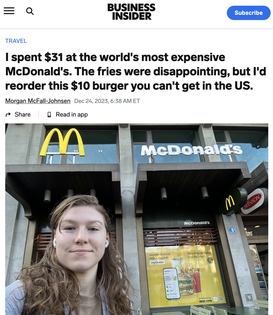 Morgan McFall-Johnsen vor dem McDonald's Restaurant am Bahnhofsplatz in Zürich.