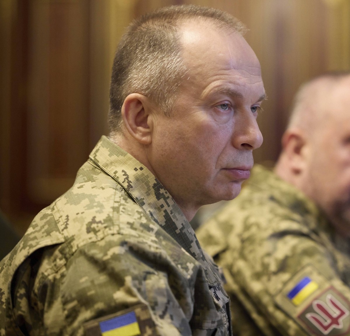 February 10, 2024, Kiev, Ukraine: Ukrainian Commander of the Ukraine Armed Forces Oleksandr Syrskyi, left, listens to President Volodymyr Zelenskyy during a meeting with his new military leadership te ...