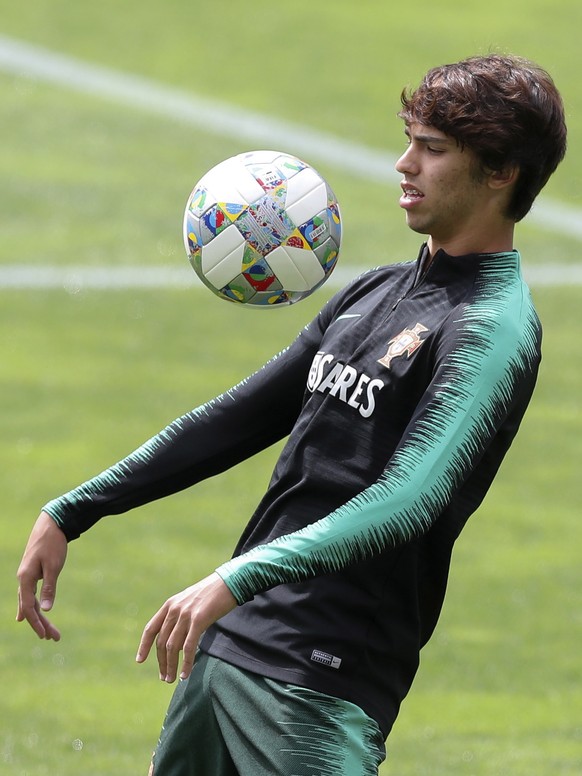 epa07622128 Portugal player Joao Felix in action during a training session of the Portuguese National Soccer Team in preparation for the Final Phase of the UEFA Nations League, at Bessa stadium, in Po ...