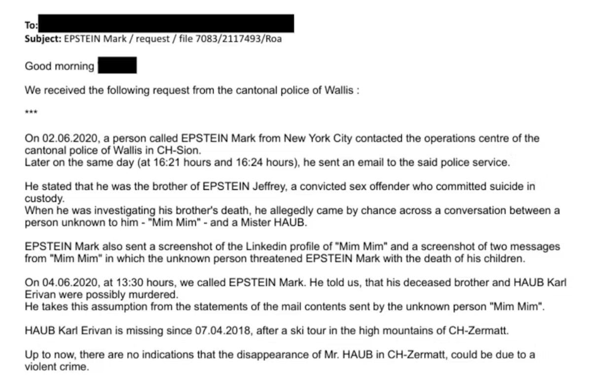 Mark Epstein wandte sich an die Walliser Kantonspolizei .