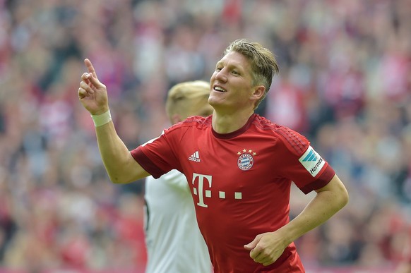 23.05.2015; Muenchen; Fussball Bundesliga - Bayern Muenchen - 1. FSV Mainz 05; Torschuetze Bastian Schweinsteiger (Bayern) jubelt (Thorsten Wagner/Witters/freshfocus)