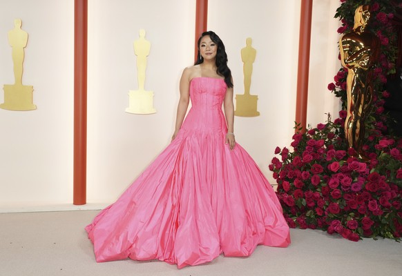 Stephanie Hsu arrives at the Oscars on Sunday, March 12, 2023, at the Dolby Theatre in Los Angeles. (Photo by Jordan Strauss/Invision/AP)
Stephanie Hsu