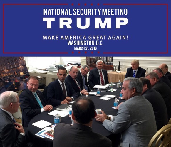 In this photo from President Donald Trump&#039;s Twitter account, George Papadopoulos, third from left, sits at a table with then-candidate Trump and others at what is labeled at a national security m ...