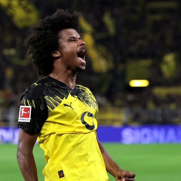 epa12396462 Karim Adeyemi of Dortmund celebrates scoring the 1-0 goal during the German Bundesliga soccer match between Borussia Dortmund and VfL Wolfsburg in Dortmund, Germany, 21 September 2025. EPA ...