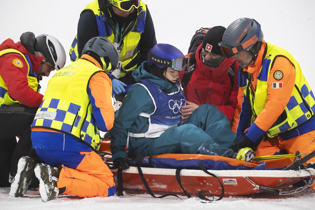 Switzerland's Mathilde Gremaud crashed during the warm-up and the medical team placed her on a rescue sled before the women's Freestyle Skiing Freeski slopestyle final at the 2026 Olympic Wi ...