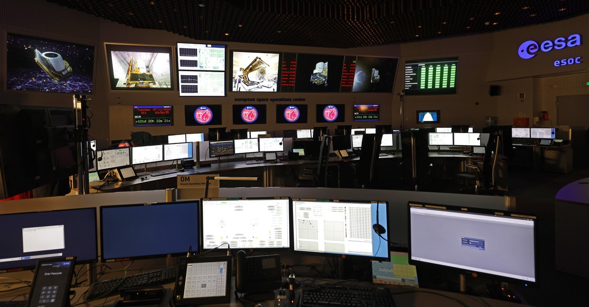 epa10962178 An interior view of the main control room at the European Space Operations Centre (ESA/ESOC) in Darmstadt, Germany, 07 November 2023. The operators of the Euclid mission of the European Sp ...