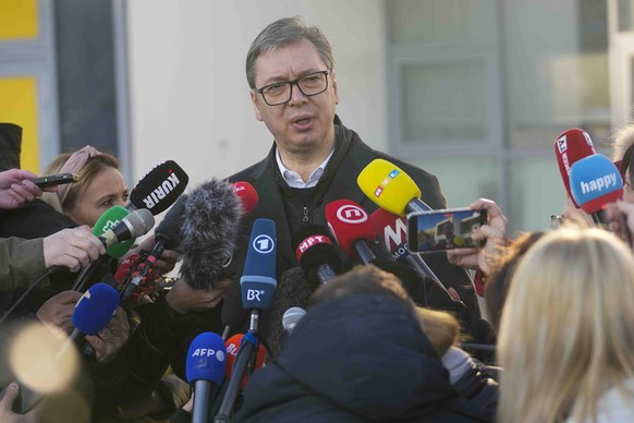 Serbian President Aleksandar Vucic speaks to the media after casting his vote for parliamentary and local elections at a polling station in Belgrade, Serbia, Sunday, December 1.  August 17, 2023. The vote in Serbia…