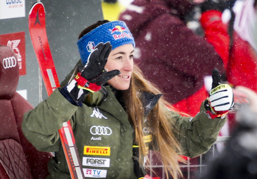 Italy&#039;s Sofia Goggia reacts in the finish area following her run in the the women&#039;s World Cup downhill ski race in Lake Louise, Alberta, on Saturday, Dec. 4, 2021. (Jeff McIntosh/The Canadia ...