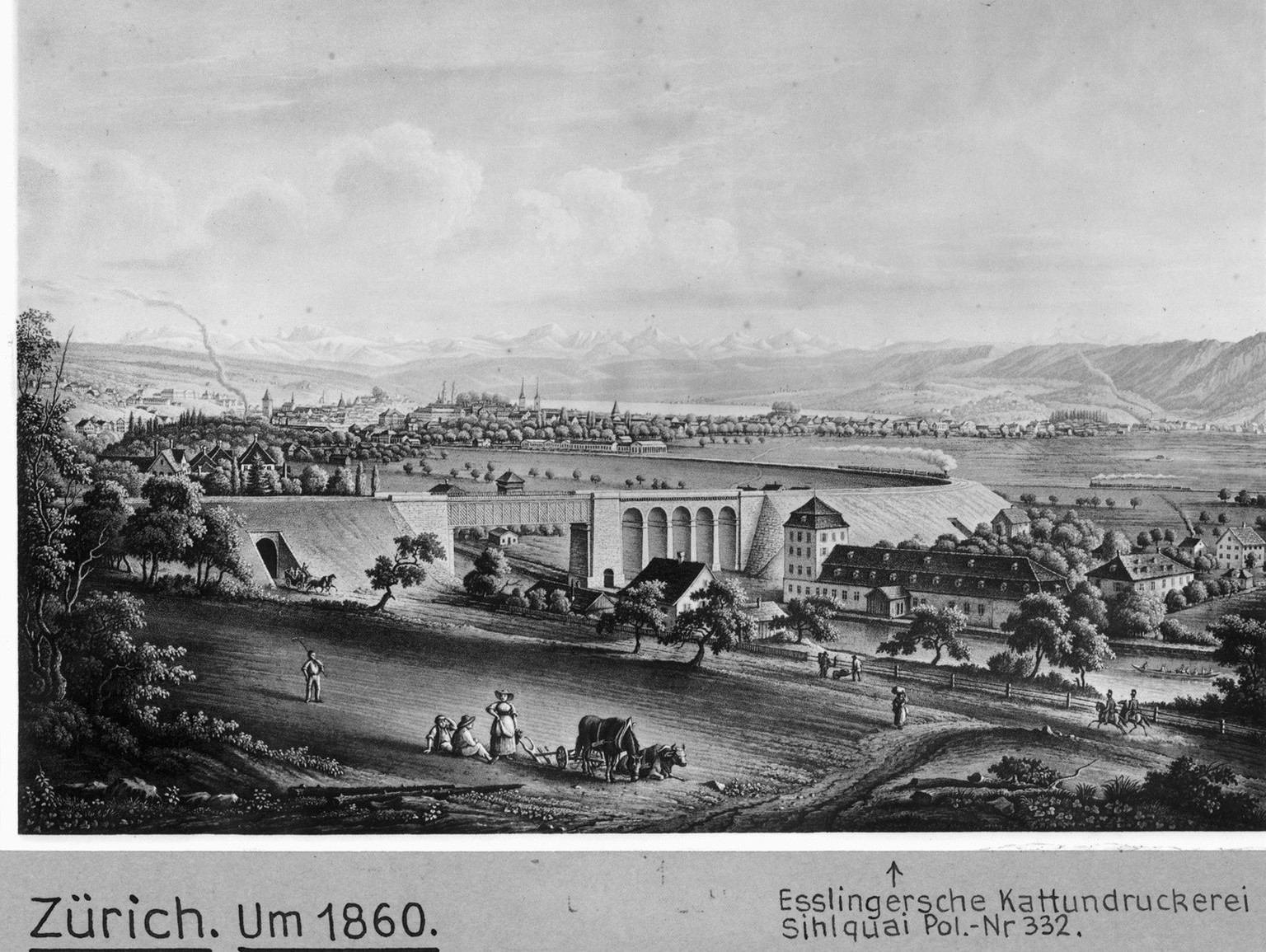 Blick von Wipkingen mit Eisenbahnviadukt &amp; Nordbahn, Kol. Stich von Johann Baptist Jsenring (unkoloriertes Orig. BAZ Format III), ca. 1860.