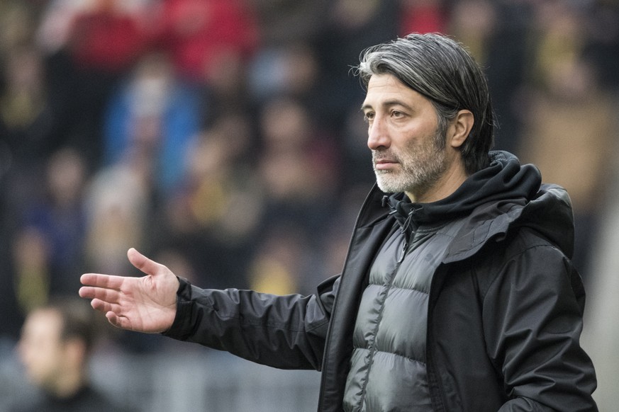 Grasshopper Trainer Murat Yakin schaut aufs Spielfeld im Super League Spiel zwischen dem BSC Young Boys Bern und dem Grasshopper Club Zuerich, am Sonntag, 11. Maerz 2018 im Stade de Suisse in Bern. (K ...