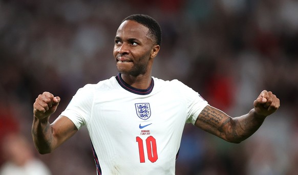 epa09330536 Raheem Sterling of England celebrates after the UEFA EURO 2020 semi final between England and Denmark in London, Britain, 07 July 2021. EPA/Carl Recine / POOL (RESTRICTIONS: For editorial  ...