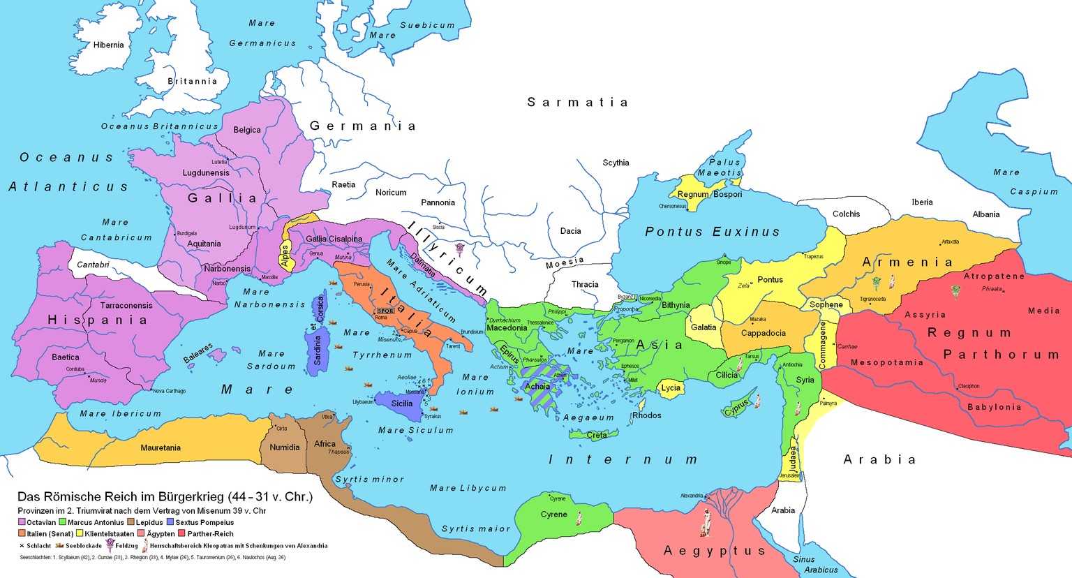 Nach Cäsars Ermordung kämpften Antonius und Cäsars Adoptivsohn Octavian (der spätere Kaiser Augustus) erst gemeinsam gegen die Heere der Cäsarmörder Brutus und Cassius. Als sie sie in der Schlacht bei Philippi schlugen, war ein für alle mal klar, dass Rom nie wieder eine Rebublik werden würde. Die Frage war nur noch, wer sein nächster Alleinherrscher werden würde: Antonius (grüner Bereich in der Karte) oder Octavian (violetter Bereich).