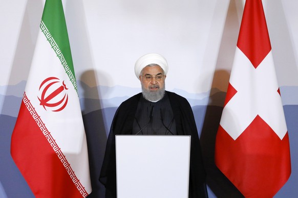 Iranian President Hassan Rohani speaks during an innovation and industry forum during Rohani&#039;s official visit to Switzerland in Bern, Tuesday, July 3, 2018. (KEYSTONE/Peter Klaunzer)