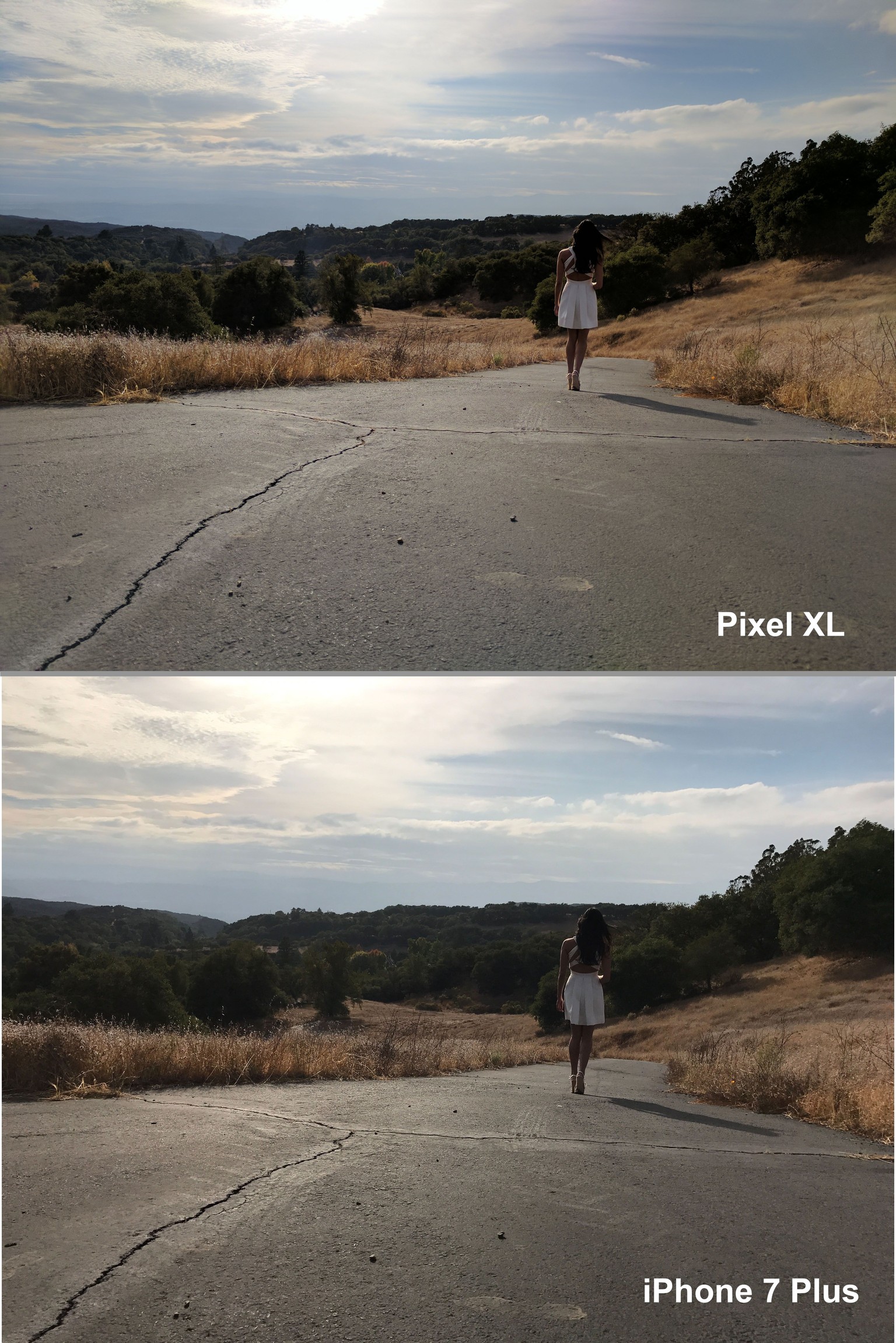 Beide Fotos wurden von der gleichen Position aus geschossen. Das Pixel hat einen besseren Weitwinkel, die Google-Kamera bringt also mehr Landschaft auf Foto.