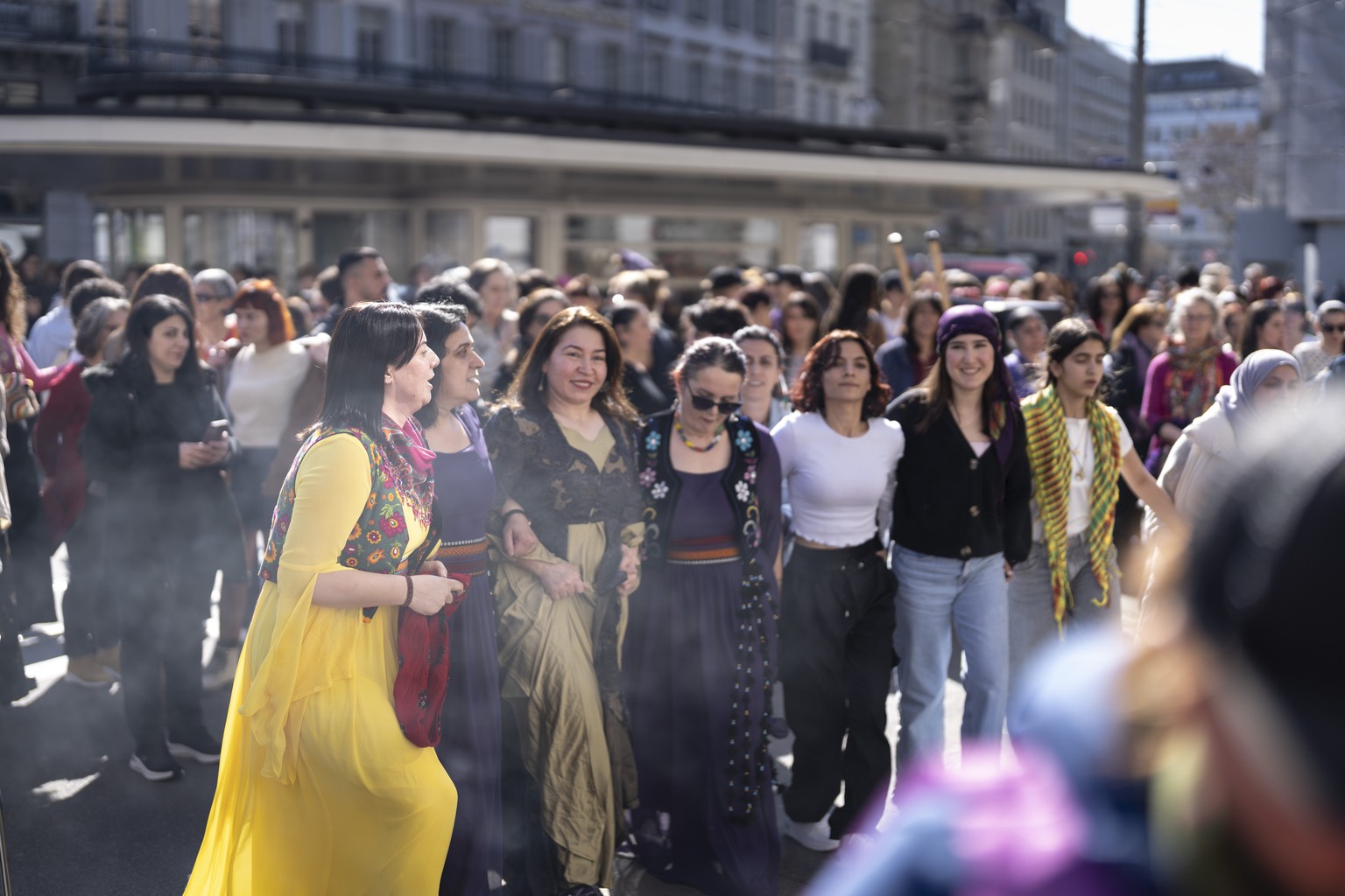An estimated 1000 Women, lesbians, trans, inter- and non-binary people protest on Paradeplatz, at the unauthorised colourful and combative women&#039;s demonstration, on the occasion of International  ...