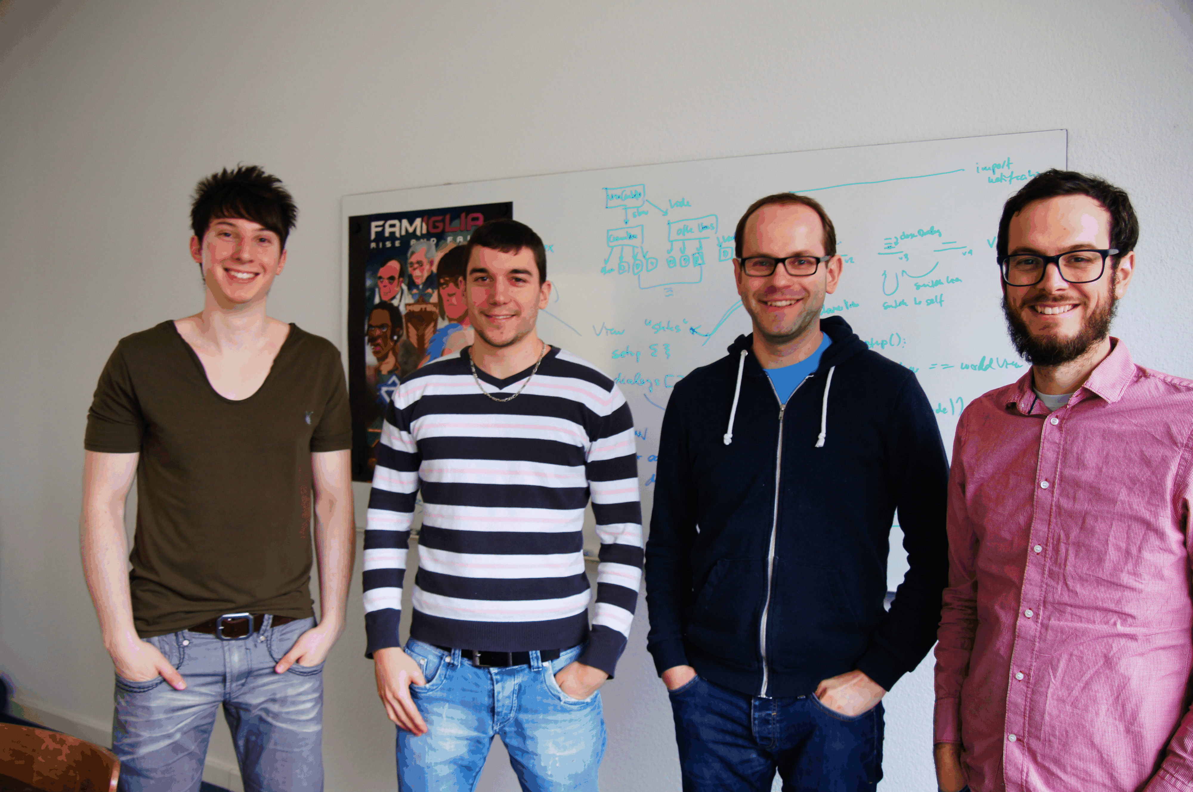 Die vier Köpfe hinter dem Schweizer Gamestudio Gbanga. V.l.n.r. Robin, François, Chris und Matthias.