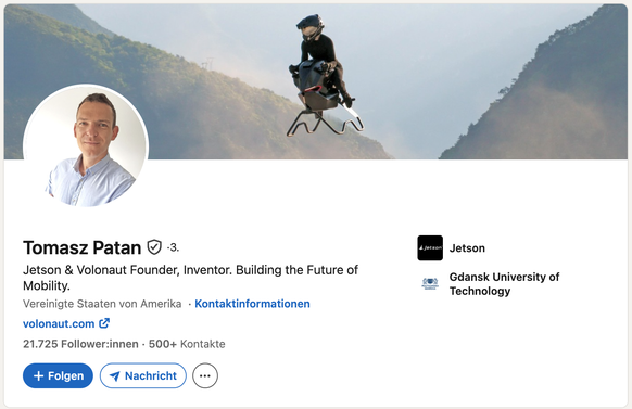 LinkedIn-Profil von Tomasz Patan, Erfinder von Schwebe-Gleitern «Volonaut Airbike» und «Jetson One».