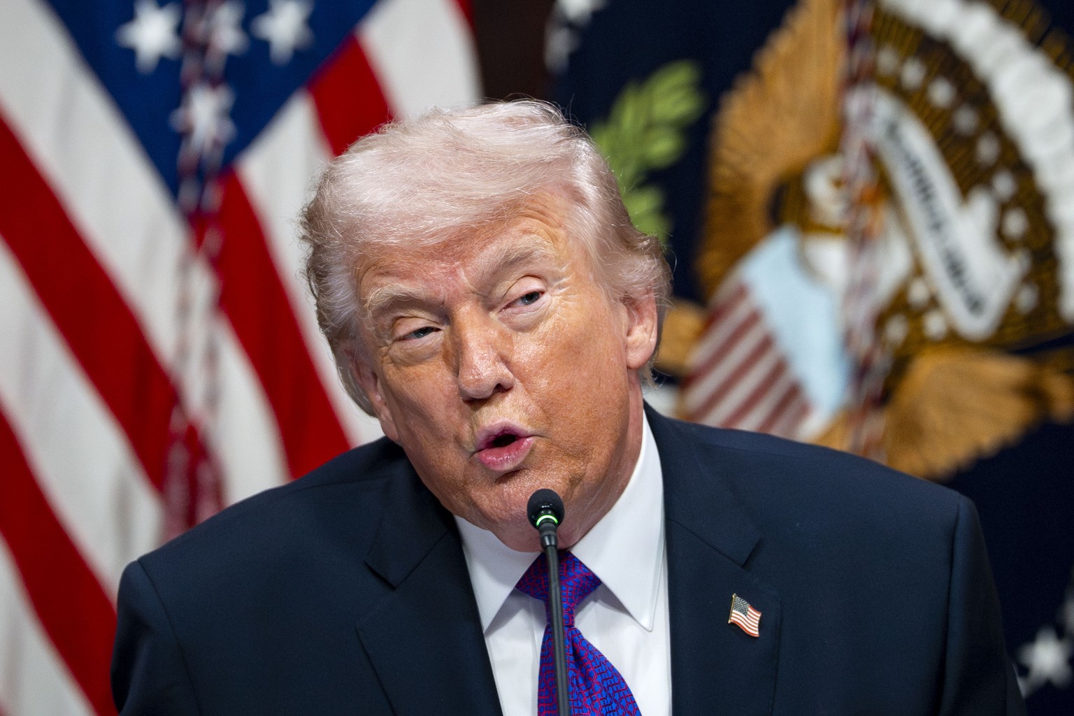 epa12795584 President Donald Trump speaks during a roundtable on the Ratepayer Protection Pledge in the Indian Treaty Room in the Eisenhower Executive Office Building near the White House in Washingto ...