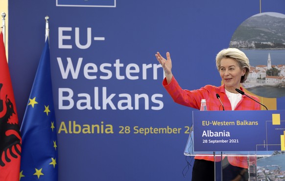 President of the European Commission Ursula von der Leyen speaks during a news conference with the Albanian Prime Minister Edi Rama in Tirana, Albania, Tuesday, Sept. 28, 2021. Von der Leyen visits si ...