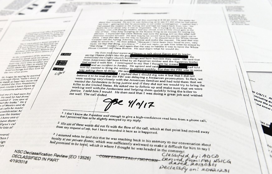 Copies of the memos written by former FBI Director James Comey are photographed in Washington, Thursday, April 19, 2018. President Donald Trump told former FBI Director James Comey that he had serious ...