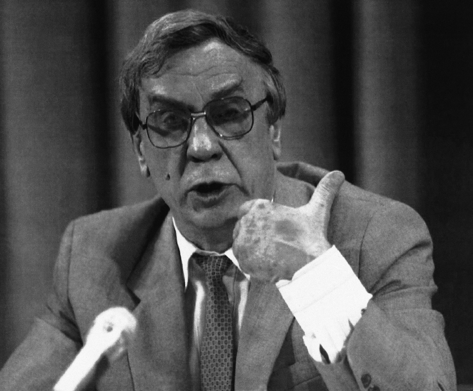 Gennady Yanayev, acting President of the Soviet Union gestures during a press conference in Moscow, Russia on Monday afternoon after Mikhail Gorbachev was ousted from power in a coup on August 19, 199 ...