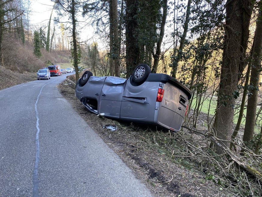 Bei Holzarbeiten ist am Samstagnachmittag in Rekingen AG ein Baum einen steilen Hang heruntergerutscht und hat auf der darunter vorbeiführenden Strasse ein Auto umgekippt.