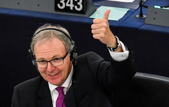 epa07014589 Rapporteur Axel Voss from the Group of the European People&#039;s Party (Christian Democrats) reacts in a vote on modifications to EU copyright reforms during a voting session at the Europ ...