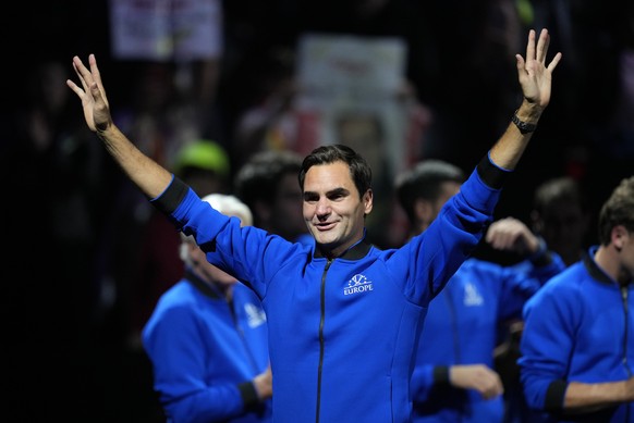 An emotional Roger Federer of Team Europe acknowledges the crowd after playing with Rafael Nadal in a Laver Cup doubles match against Team World's Jack Sock and Frances Tiafoe at the O2 arena in Londo ...
