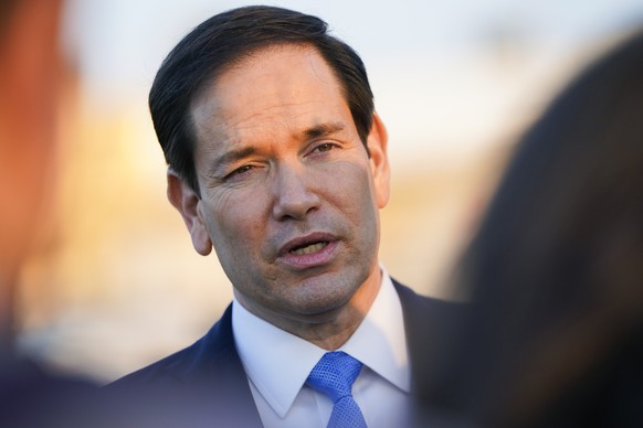 U.S. Secretary of State Marco Rubio speaks at Ben Gurion International Airport, as he departs Tel Aviv for Qatar following an official visit, near Lod, Israel, Tuesday, Sept. 16, 2025. (Nathan Howard/ ...