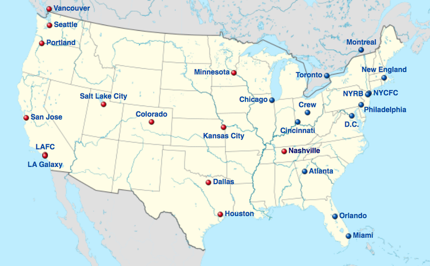 Hier spielen die 26 Teams. Rot: Western Conference, blau: Eastern Conference.