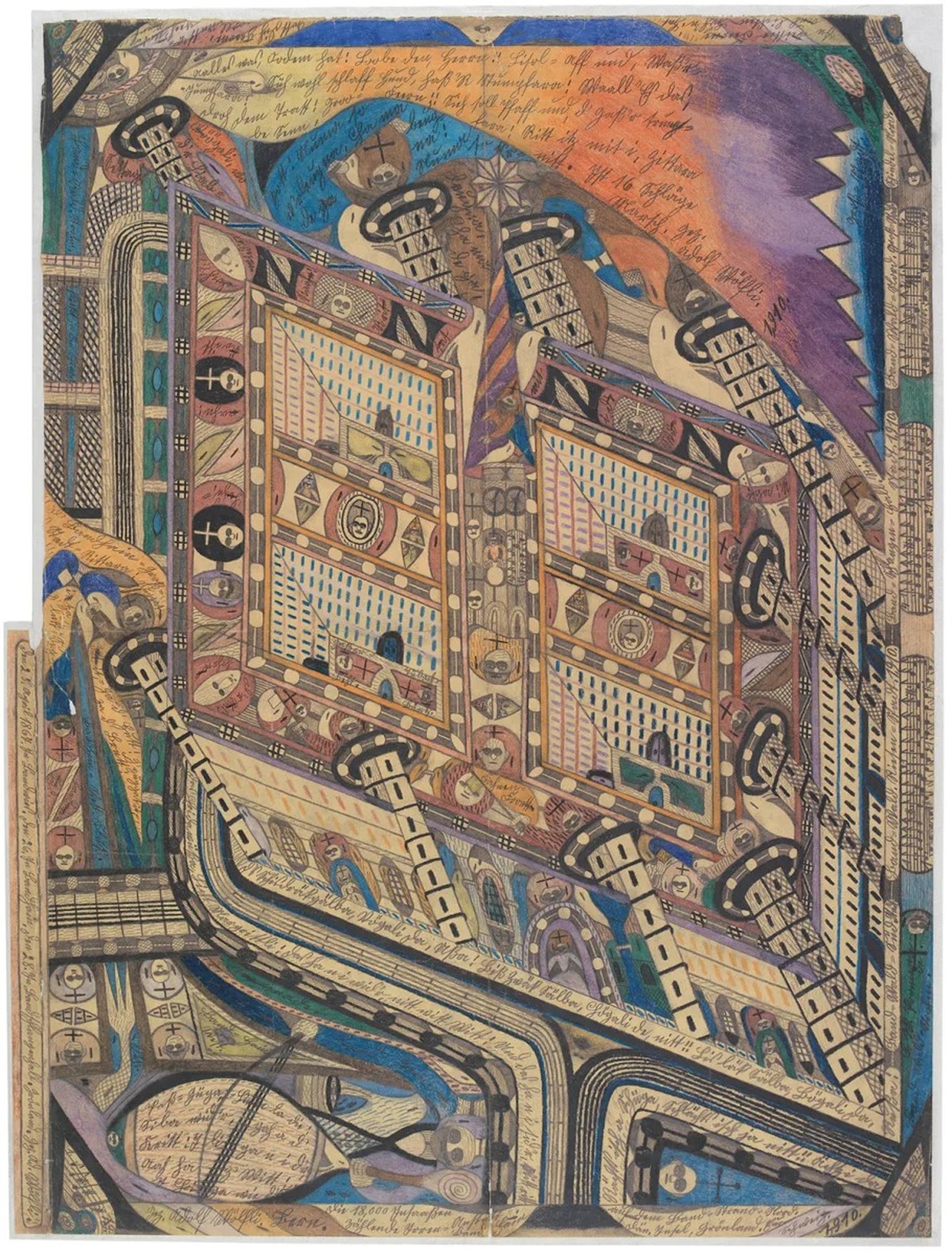 «Irren=Anstalt Band=Hain» von Adolf Wölfli, 1910, Bleistift und Farbstift auf Zeitungspapier.