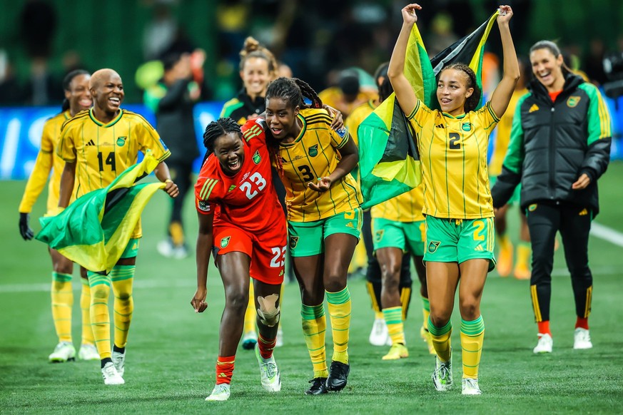 August 2, 2023, Melbourne, Victoria, Australia: MELBOURNE, AUSTRALIA - AUGUST 02: Jamaican players celebrate drawing with Brazil and going to knock out stages at the FIFA Women s World Cup Australia & ...
