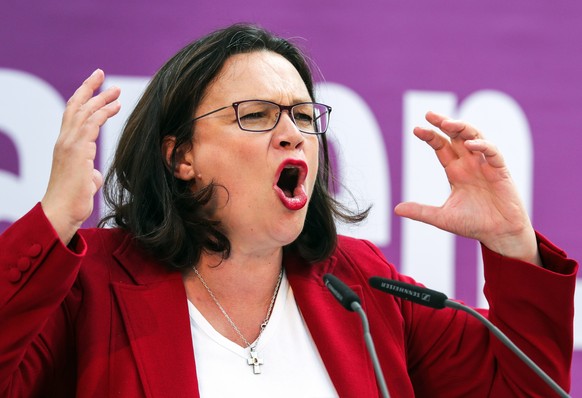 epa07022955 Leader of the Social Democratic Party (SPD) Andrea Nahles speaks during the opening of electoral campaign for the upcoming regional elections in Hesse in Offenbach, Germany, 15 September 2 ...