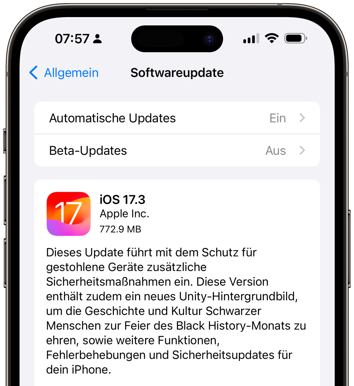 Screenshot: iPhone 15 Pro Max mit Update iOS 17.3