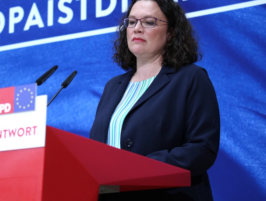 epa07606175 German Social Democratic Party (SPD) chairwoman and faction chair in the German parliament Bundestag Andrea Nahles attends a press conference at the party&#039;s headquarters in Berlin, Ge ...