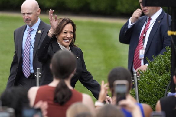 Vice President Kamala Harris arrives to speak from the South Lawn of the White House in Washington, Monday, July 22, 2024, during an event with NCAA college athletes. This is her first public appearan ...